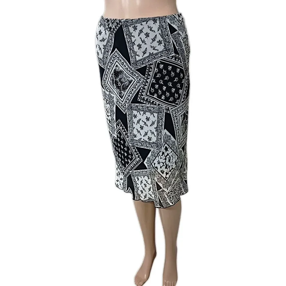 Y2K Patchwork Print Midi Skirt Sz S Sheer Overlay Lettuce Hem‎ Bohemian Grunge